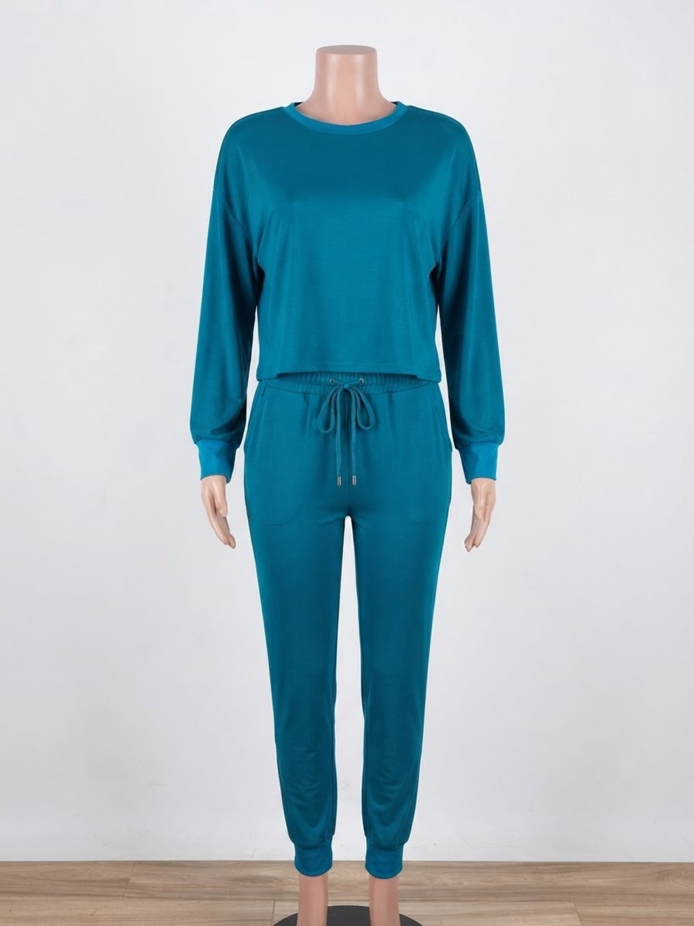 Women's Teal Two-Piece Jumpsuit with Drawstring Waist